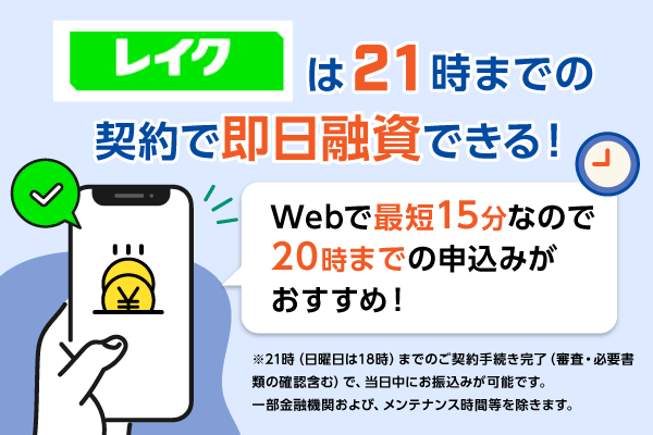 レイクで即日融資するには20時までがおすすめ